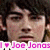 Pixelated close-up of a person with dark hair and light skin, wearing a brown garment, with pink text overlay reading "I ❤️ Joe Jonas" at the bottom.