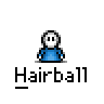 A 4x4 contact sheet of a pixel art animation featuring a blue-shirted character with white hair and black eyes, showing sequential frames where the character's mouth changes expression and small orange objects appear near its feet.