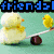 Pixelated image with four distinct sections: top-left shows a chick on a seesaw, top-right displays two figures with red text overlay, bottom-left features a green cartoon character, and bottom-right is blank.