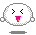 Two pixelated white circular figures with gray outlines, each has pink tongue and black eyes; left figure's eyes are closed while right is open.