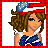 Pixelated icon of a woman with brown hair wearing red white and blue headband and dress, standing next to text reading Red White Blue Be Proud America.