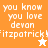 Pixelated text reads 'you know you love devon fitzpatrick!' with two star icons on orange and white backgrounds.