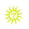 Yellow sun-shaped icon with radiating rays and a face, displayed in a on gray background