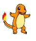 Pixelated orange dinosaur with blue eyes and yellow belly stands with arms outstretched, tail flame flickering between