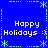 Blue background with white text 'Happy Holidays :)' repeated four times, surrounded by light blue snowflake and dotted line decorations.
