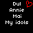 Static pixel art displays text 'Dul Annie Mai My idols' in white on black background with red heart symbol above 'Dul' on left side.