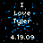 Black background with blue pixelated particles, white text reading "I Love Tyler" and date "4.19.09", static image.