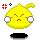 Pixelated yellow character with closed eyes, red mouth, and white circular cheeks on gray background.