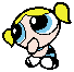 Pixelated cartoon character with yellow pigtails, blue eyes, and a black-and-blue outfit in two poses showing eye color change.