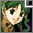 Pixelated anime-style cat face with large green eyes, brown and white fur, against a dark green background with purple accents.