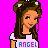 Pixel art contact sheet showing multiple frames of an animated AIM buddy icon featuring a cartoon girl with brown hair, pink shirt, and blue pants against a bright pink background with text elements.