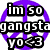 Six circular icons with peace sign symbols in purple, pink, blue, green, yellow, and gray backgrounds displaying text "im so gangstagangsta yo<3".