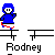 Pixelated blue character with white face and red feet on gray background, labeled 'Rodney' beneath each instance.