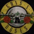 Circular yellow and black logo with skull, roses, and text; red pixelated text lists band members on dark background.