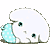 A white rabbit-like creature with large eyes holds a light blue polka-dotted object, shifting poses