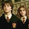Two characters in dark green robes with white collars and striped ties stand against a stone wall background; one character has glasses, the other long hair.