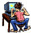 Pixelated figure in pink shirt and blue pants sits at desk with computer, hands raised in motion