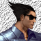 Pixelated static image of a character with spiky black hair, dark sunglasses, and blue shirt in profile view against transparent background.