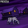 Pixel art scene of a cow grazing under purple sky with two houses, one house has three lit windows.
