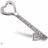 A silver key with a heart-shaped top and serrated edge, shown in multiple angled views against white background.