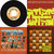 Four pixelated quadrants: top-left black circular shape with light center, top-right yellow text on red background, bottom-left abstract multicolor pattern, bottom-right orange-brown grid with yellow accent.