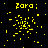 Yellow pixelated text 'Zara' appears above a central cluster of scattered yellow pixels on a black background, with a gray rectangle in the bottom-right corner.