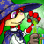 Pixelated cartoon character with red hair, blue witch hat, green shirt, and purple pants holding a bouquet of red flowers against a green background.