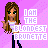 Pixel art animation of a female character with long brown hair, green eyes, white top, and dark pants against a pink dotted background, displaying text and pose changes.