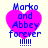 Four identical pixelated images of a pink heart with blue text reading 'Marko and Abbey forever' over it, each followed by five exclamation marks.