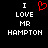 A pixelated image with white text on black background displaying "I LOVE MR HAMPTON" with a red heart symbol replacing the word "LOVE" in the left view.