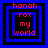 Four identical pixelated frames display red text 'hanah rox my world' within nested blue and black squares on a solid blue background.