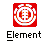 Static pixel art icon featuring a red square with white and orange circular emblem above the word "Element" in black-and-white blocky font on gray background.