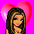 Pixelated cartoon woman with long brown hair and green eyes in three frames, each with a pink heart background and distinct text on a large red heart below her.
