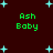 Dark red background with light blue plus-shaped stars scattered across; green pixelated text "Ash Baby" appears in four identical quadrants.
