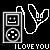 Pixel art icon of a white MP3 player with headphones and "I LOVE YOU" text, displayed in multiple variations across a black background.