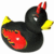 Two cartoon ducks face each other; one black with red accents, the other red with black accents, both have yellow beaks and small horns.