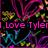 Animated icon with pink text "I Love Tyler" over black background, featuring moving heart shapes in blue and green.
