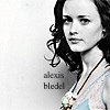 Black-and-white portrait of a woman with curly dark hair, wearing a light-colored top and a beaded necklace, with text reading 'alexis bledel' below her face.