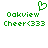 Green pixelated text and heart symbol on white background, with identical left and right sections showing 'Oakview Cheer<333' beneath the heart.
