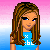 Pixelated character with long brown hair wearing blue top and white pants, standing against pink-to-blue gradient background.