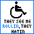 Pixel art of a wheelchair symbol with text below, showing two animation frames where the word 'ROLLIN' is blue in first frame and black in second.
