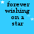 A static image with a bright blue background displays the text 'forever wishing on a star' in black pixelated font, surrounded by small white and light-blue stars.