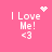 Pixelated pink background with white text "I Love Me! <3" and four variations of animated symbols above the text.