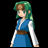 Pixel art character icon with blue dress and green hair next to stylized text on black background