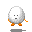 Pixelated white egg-shaped character with orange limbs holds a blue cube, then displays 'NEW' text in alternating colors.