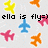 Pixelated image with six colored airplane icons and partial text reading 'ella is fly=' on a light gray background.