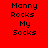 Red background with black text "Manny Rocks My Socks" arranged in a , where white rectangular blocks shift positions across frames