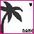 A 48x48 pixel animated buddy icon featuring a black palm tree silhouette with a pink border, showing two frames where the top-right symbol changes from black to pink while text at the bottom remains consistent.