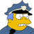Yellow-skinned cartoon character wearing blue police uniform with black cap and white badge, wide eyes, open mouth showing teeth.