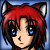 Pixel art character with red and black hair, cat ears, blue eyes, and changing facial expressions across six